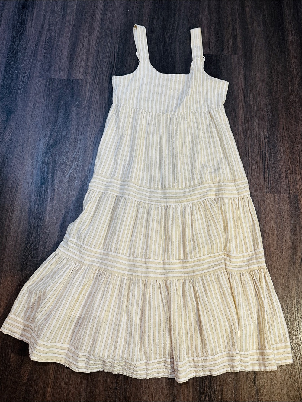 Linda Anderson Gold Stripe Tiered Midi Dress | Neutral Shimmer Boho Sundress - Picture 3 of 11